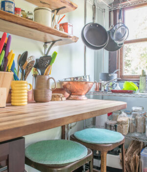 Colorful kitchen with light streaming through the window